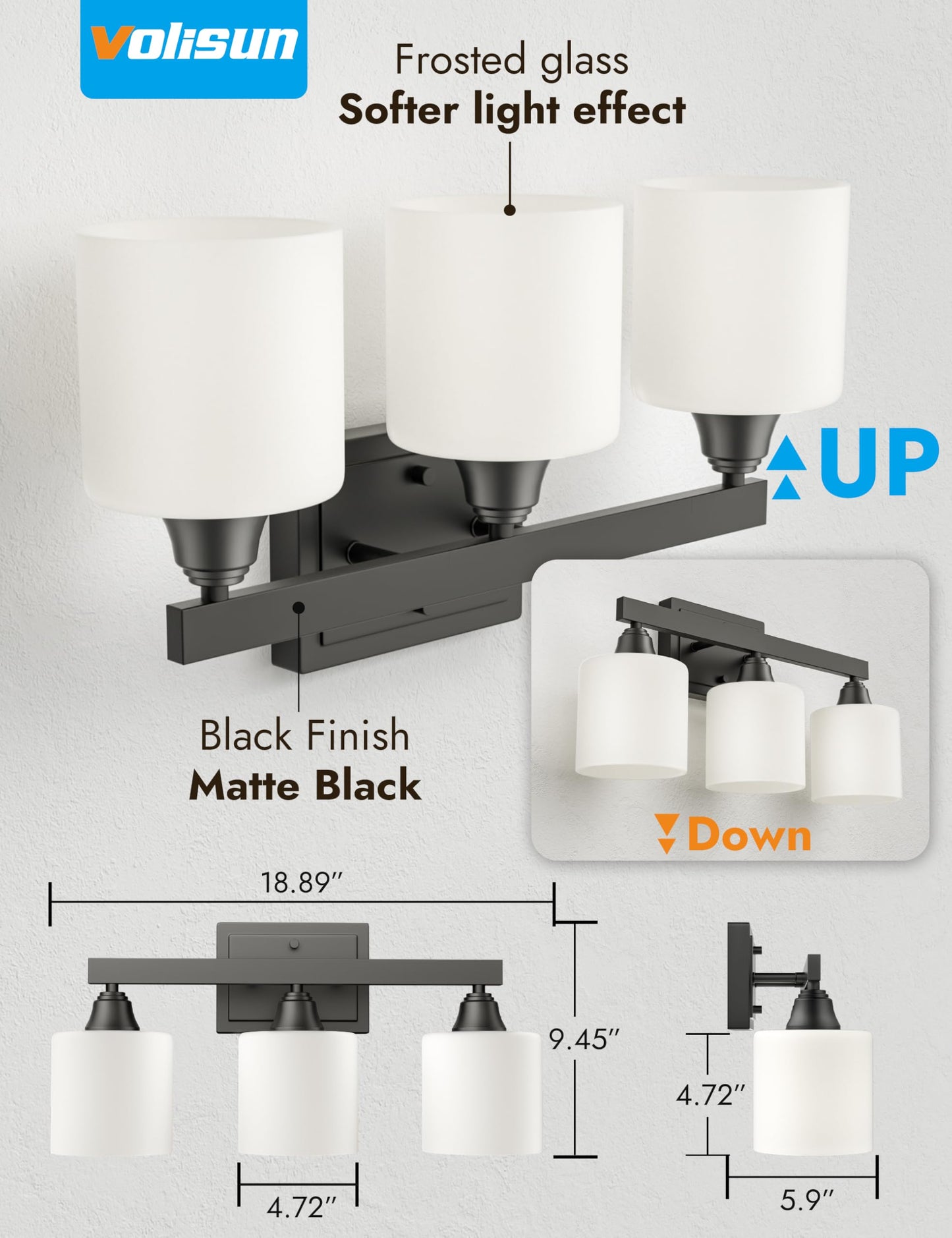 VOLISUN Matte Black Bathroom Light Fixtures, 3-Light Bathroom Vanity Lights Over Mirror, Modern Vanity Light for Bathrooms, Bathrooms Lights Fixtures Over Mirror with Milky White Frosted Glass Shades
