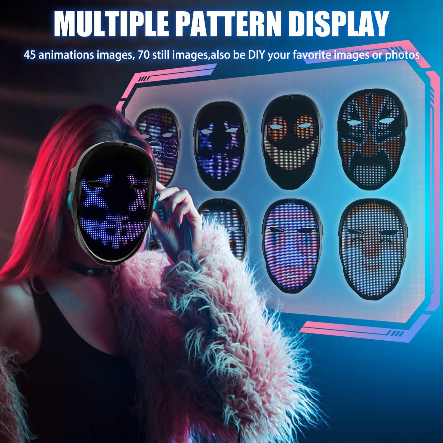 Vanleonet Led Mask with Gesture Sensing,Bluetooth Programmable App Controlled, Customizable Shining Mask, unisex-adult,Halloween Mask, Costume Cosplay Party