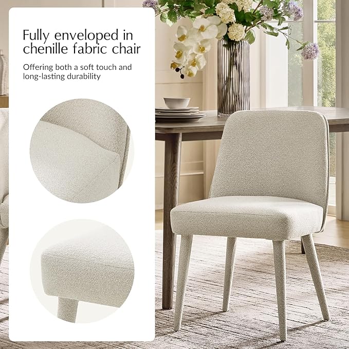 HULALA HOME Modern Dining Chairs Set of 2，Linen Fully Chenille Upholstered Dining Room Chairs Set with Foot Peg, Solid Wood Wood Frame, Armless Kitchen Accent Chairs for Living Room Bedroom Reception