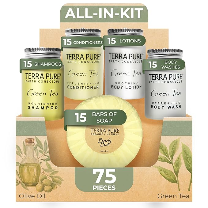 Terra Pure Hotel Soaps and Toiletries Bulk Set | 1-Shoppe All-In-Kit Amenities for Hotels | 1oz Hotel Shampoo & Conditioner, Body Wash, Body Lotion & 1.25oz Bar Soap Travel Size Toiletries | 75 Pieces