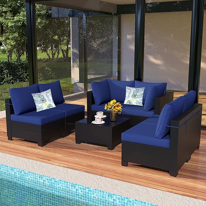 Ophelian 7 Pieces Outdoor Conversation Sectional Rattan Sofa, Patio Furniture Set, with Wicker and Cushions for Garden and Backyard, (Coffee/Deep Blue)