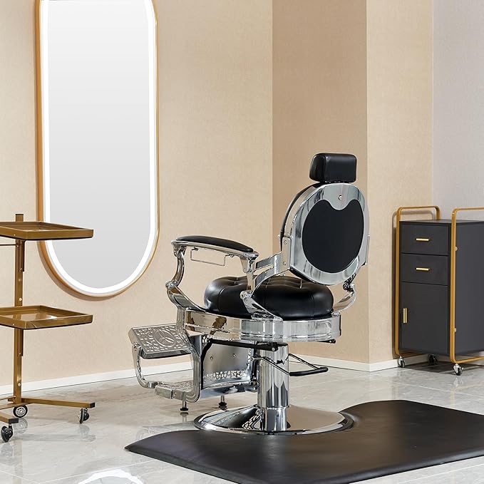 Antlu Barber Chair Salon Chair Hair Stylist, Vintage Heavy Duty 700lbs Hair Styling Chairs for Barbershop Beauty Tattoo Massage (Black-Silver)
