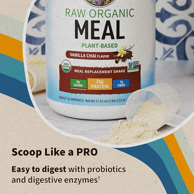 Garden of Life Meal Replacement Shakes, Vegan Protein Powder, Raw Organic Meal, Vanilla Chai Powder with Plant Based Pea Protein, Sprouts, Greens, Probiotics, Dairy Free 14 Servings