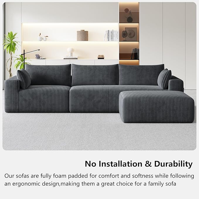 Domiqut 108" Cloud Couch Modular Sectional Sofa for Living Room,L-Shaped Boneless Couch with Deep Seat Chaise,No Assembly Required Foam Sleeper Sofa for Apartments,Plush Corduroy Fabric, Dark Gray