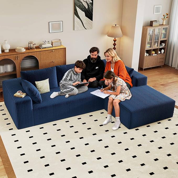 96" Cloud Sectional Couch with L-Shape Chaise, Modern Corduroy Boneless Couch for Living Room,Memory Foam Sofa with Deep Seat,No Assembly Required (Blue,Right-Facing Chaise)