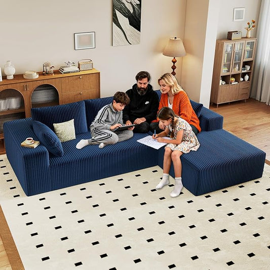 96" Cloud Sectional Couch with L-Shape Chaise, Modern Corduroy Boneless Couch for Living Room,Memory Foam Sofa with Deep Seat,No Assembly Required (Blue,Right-Facing Chaise)