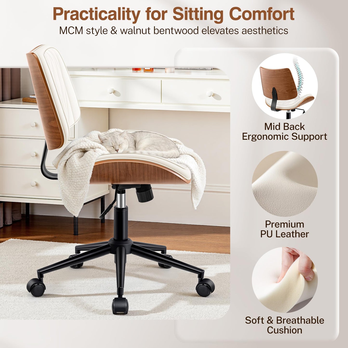 Ergonomic Armless Office Desk Chair - Mid-Century Modern White Faux Leather with Diamond Stitch, Adjustable Height Swivel Rolling Task Computer Chair with Walnut Accent for Home Office, Study & Work