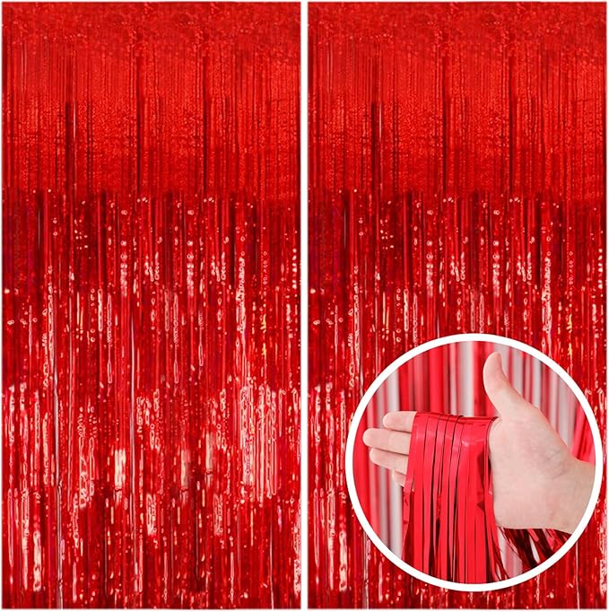 2 Pack Red Streamers Party Backdrop Christmas Decorations Foil Fringe Backdrop Curtains Carnival Casino Theme Birthday New...
