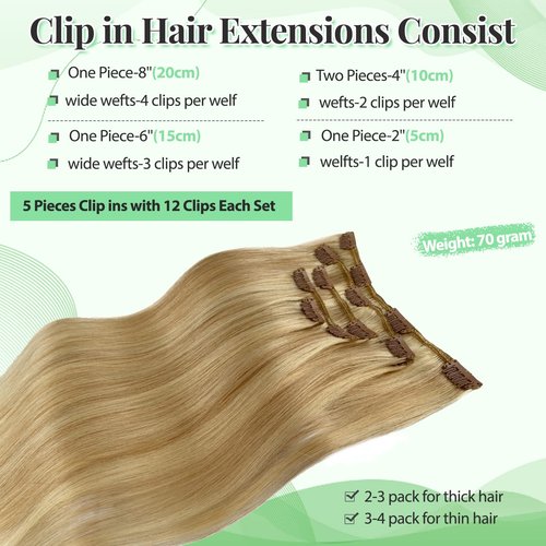 Clip in Hair Extensions Balayage Beige Blonde to Honey Blonde Brazilian Hair 70g 5pcs Per Set Real Human Hair Extensions Clip in Double Weft Silky Straight Clip on Extensions for Women 22 Inch