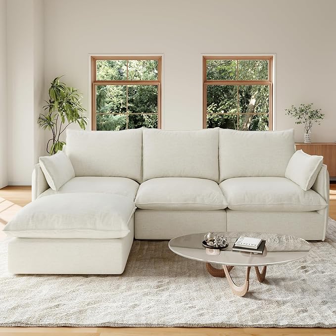 Forest aesthetics 94.5" L Shape Cloud Modular Sectional,4 Seater Waterproof High Backrest Sectional Sofas,Down Filled Modular Couch with Removable Washable Cover for Living Room,Cream White