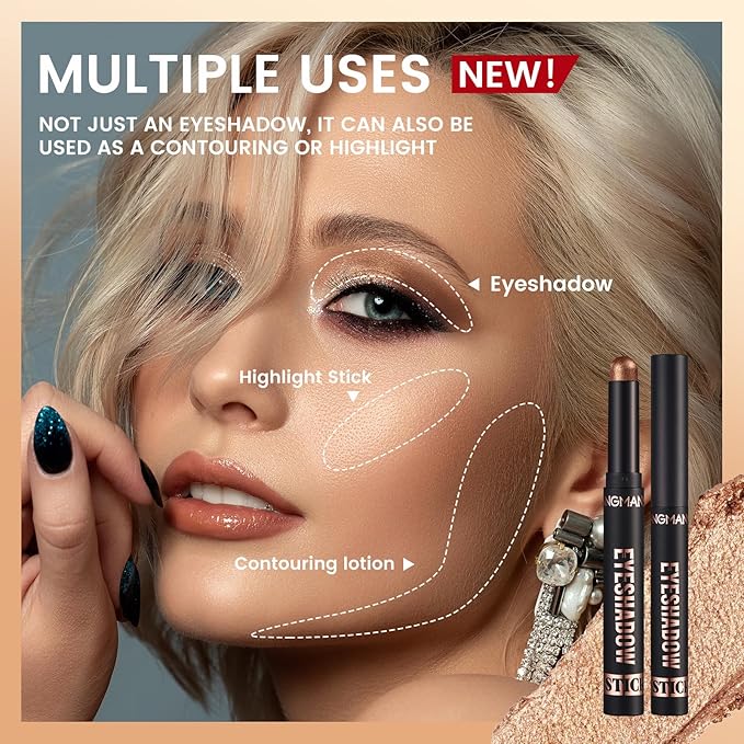 LANGMANNI 8 PCS Soft Smooth Cream Eyeshadow Stick Gift Set,Matte Earth Color+Bright Metal Color Contour Stick,Waterproof & Long-Lasting Eyeshadow (#A)