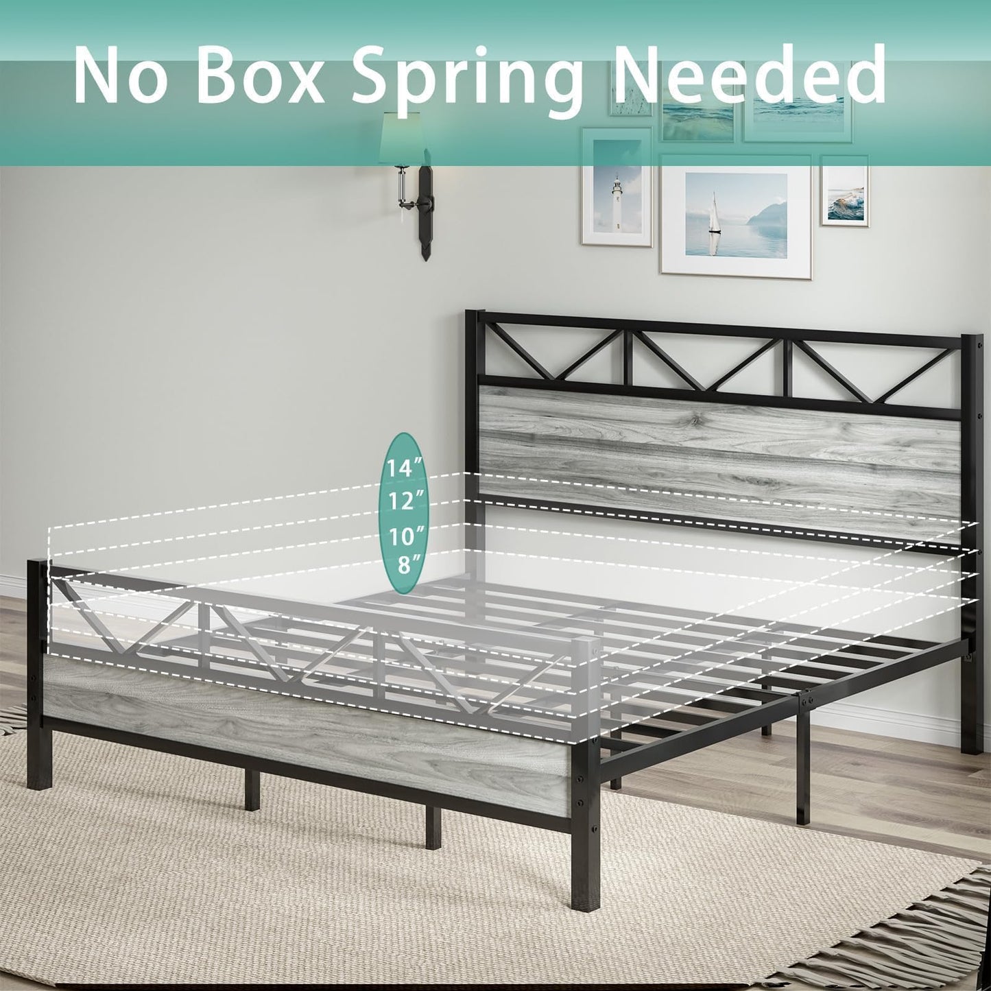 CHABUILDREARK Queen Bed Frame with Headboard, Industrial 51.2" Tall Headboard, Queen Platform Bed Frame with Heavy Duty Metal Slats Support, No Box Spring Needed, Noise-Free, Easy Assembly, Wash Grey