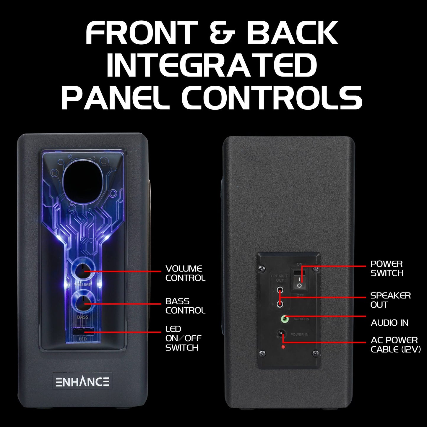 Enhance Sb 2.1 Computer Speakers With Subwoofer - Red Led Gaming Speakers, Computer Subwoofer System, Ac Powered & 3.5Mm, Volume