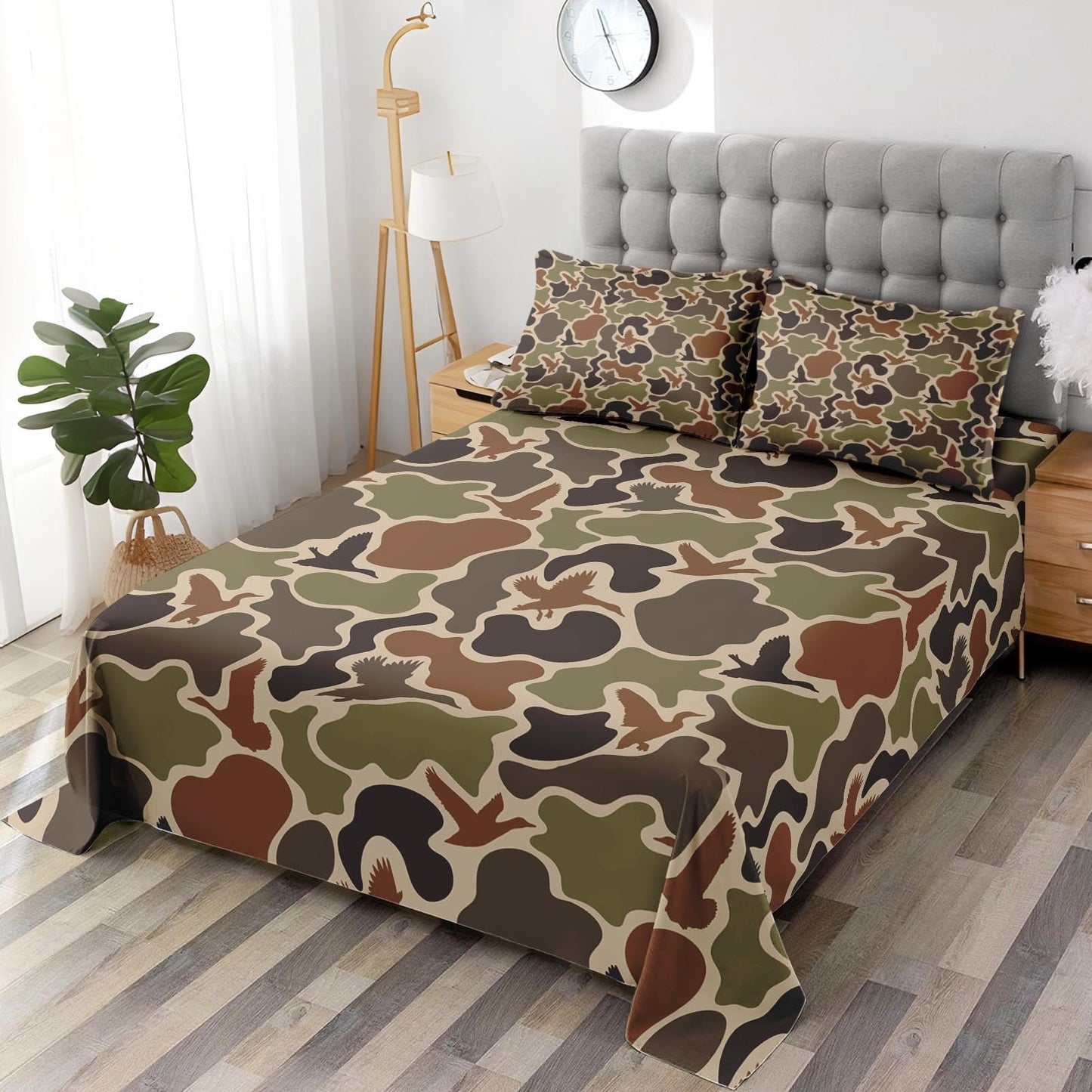 Zzzboro 4 Pcs Fitted Sheet Set Queen Size,Camouflage Hunting Duck Hunter Birds, Bed Decor Camo Army Green Military Woodland Bedroom Sets Pillowcase Bedsheet Bedding Flat Sheet for Kids and Adults