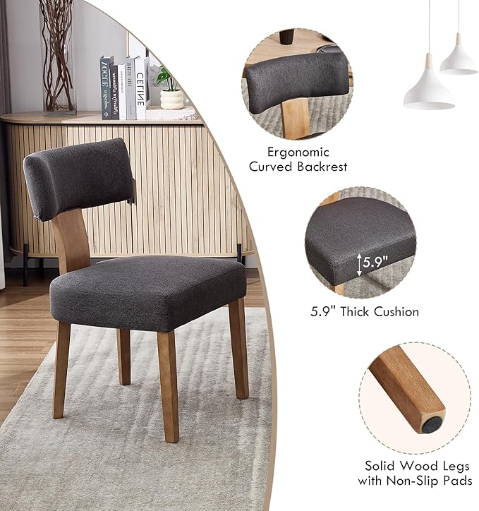 KHISCHMO Mid Century Modern Dining Chairs, Upholstered Linen Fabric Chairs with Curved Backrest and Wood Legs, Comfy Kitchen Vanity Chairs for Dining Room/Living Room/Kitchen, Set of 2 Grey
