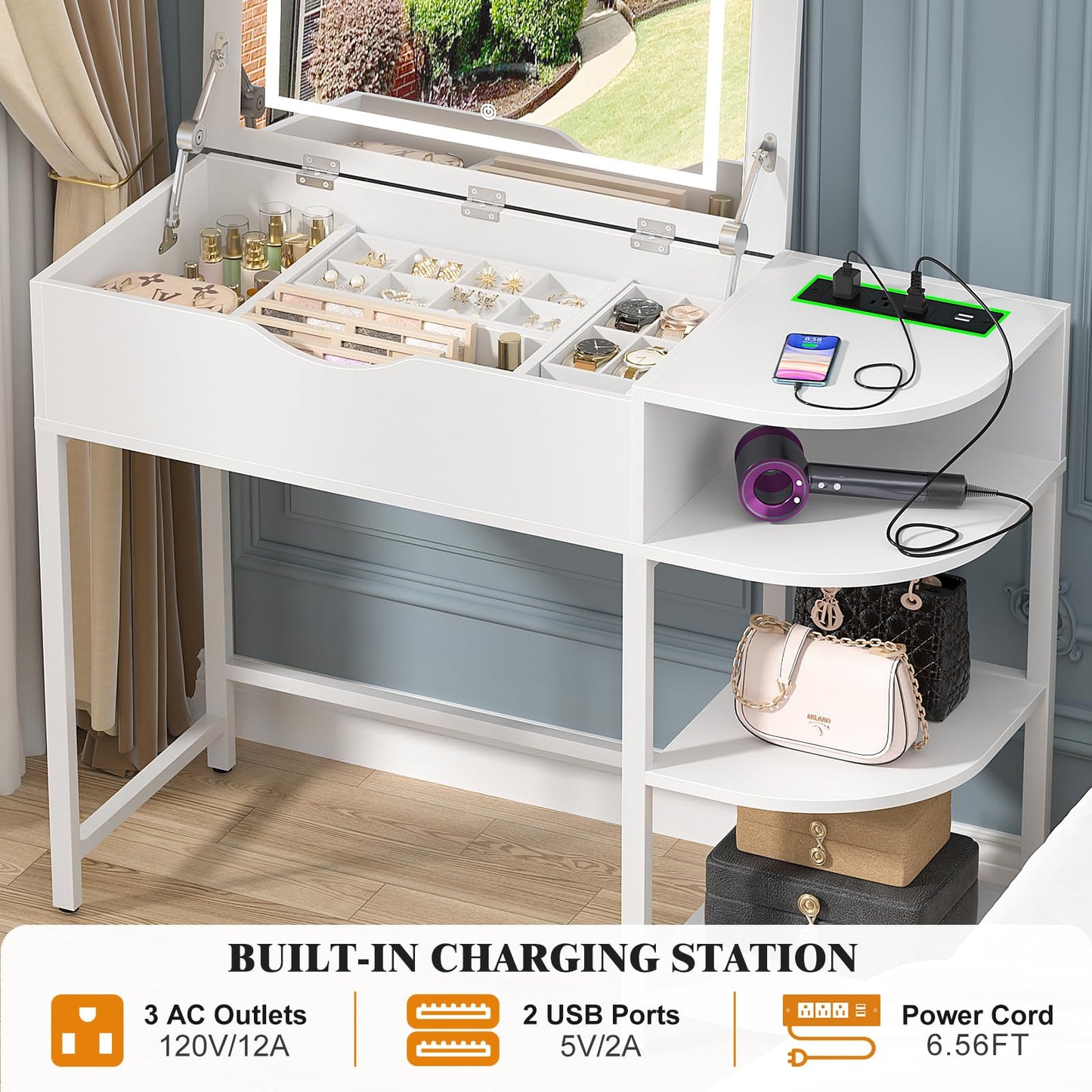 Cyclysio Vanity Desk with Flip Top Mirror and Lights, Makeup Vanity Desk with Drawers, Dressing Table with Storage Shelves & Charging Station, Small Vanity for Small Spaces, White