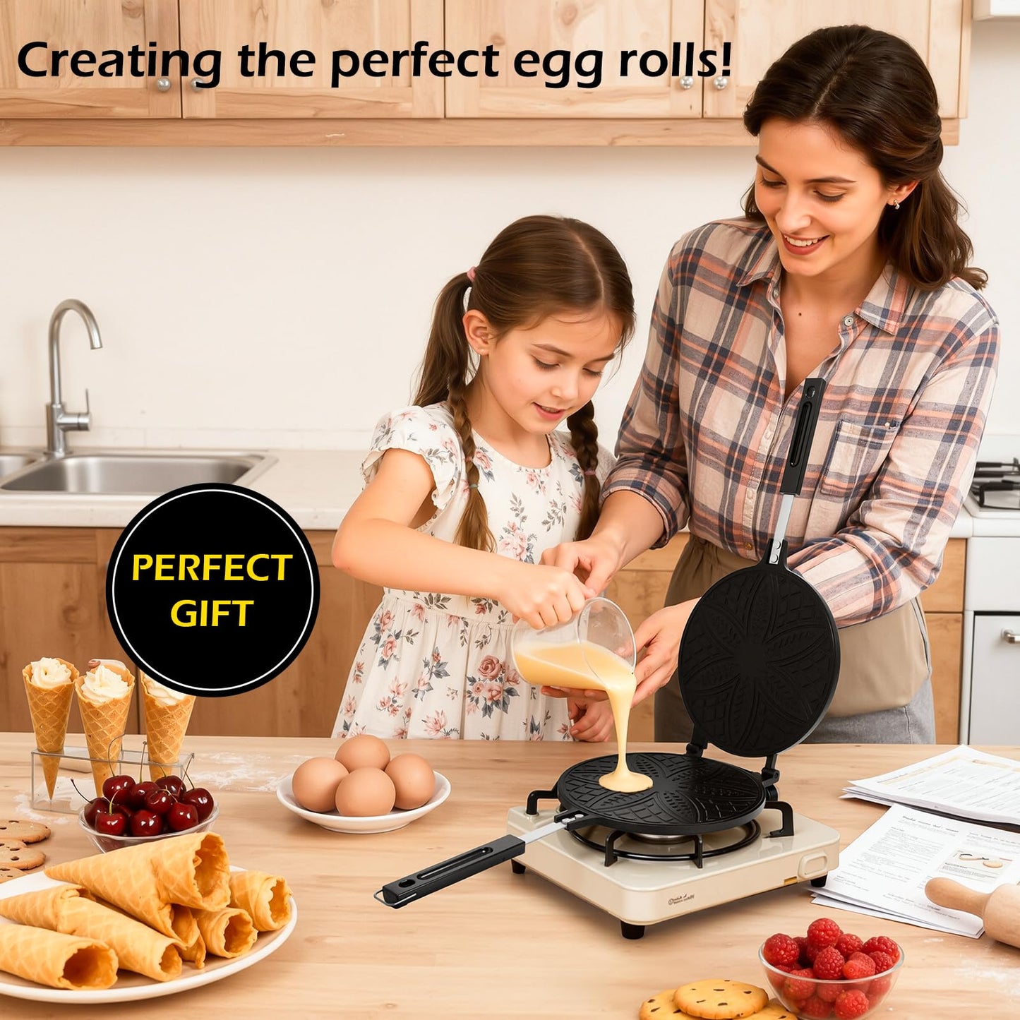 Dyna-Living Waffle Cone Maker Household Ice Cream Cone Machine Non-stick 7.9 inch Egg Roll Mold Pan Waffle Bowl Maker for DIY Ice Cream Waffle Cone Desserts, Flower-shape