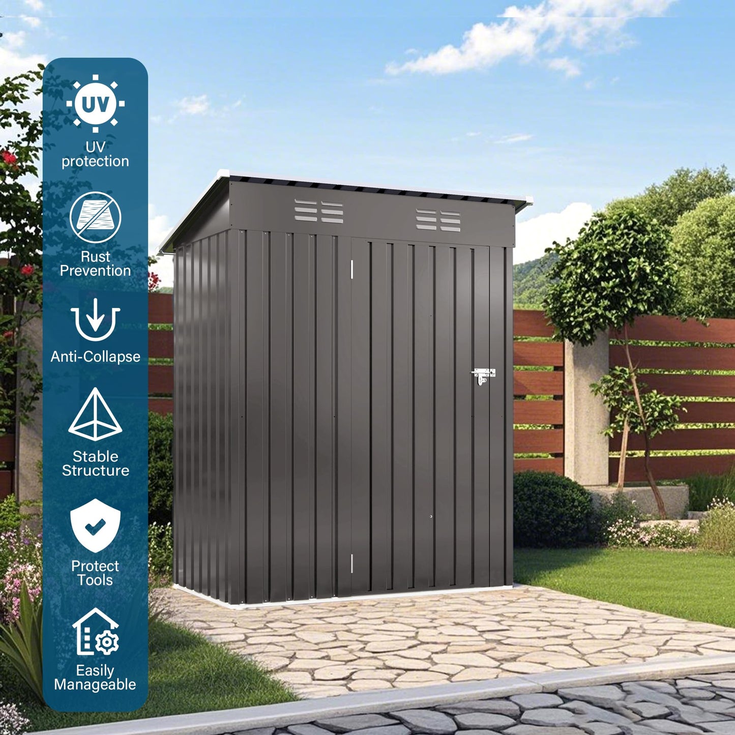 5x3FT Metal Storage Shed Outdoor Garden Tool Shed, Galvanized Steel Compact Weather Resistant Backyard Organizer, Lockable Utility Storage House for Patio Courtyard Equipment Storage Multi Use