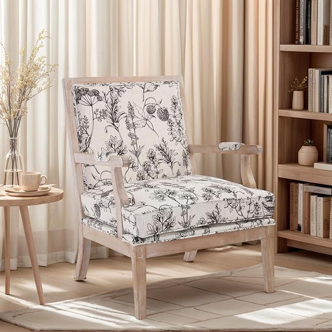 DM Furniture Floral Accent Chair Set of 2 Mid-Century Modern Living Room Chairs Upholstered Linen Lounge Armchair with Solid Wood Frame & Removable Cushion for Bedroom, Balcony, Floral Pattern