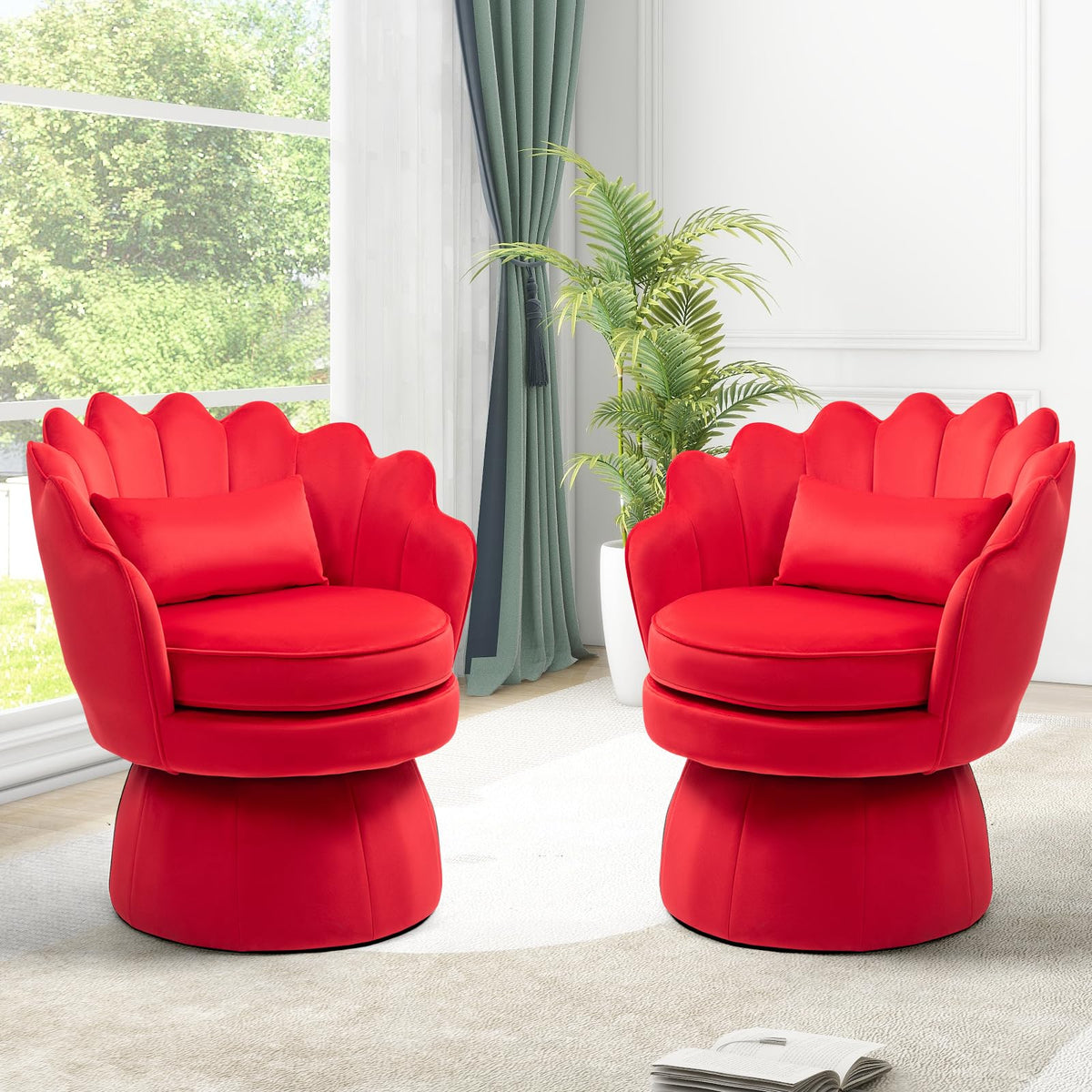 ZJhome 360° Swivel Accent Chair, Mid-Century Modern Velvet Barrel Chair, Comfy Shell Shape Arm Chair with Lumbar Pillow for Living Room, Bedroom, Office, Rose Red