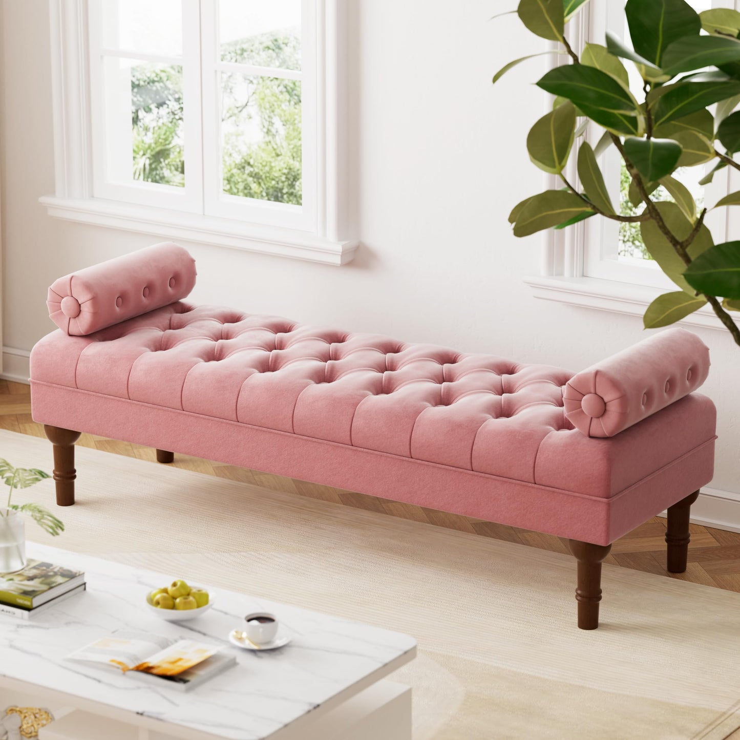 Batohom 60.2" End of Bed Bench,Large Size Bedroom Bench,Upholstered Window Bench with Button-Tufted,Entryway Bench,Storage Bench for Living Room(Pink)