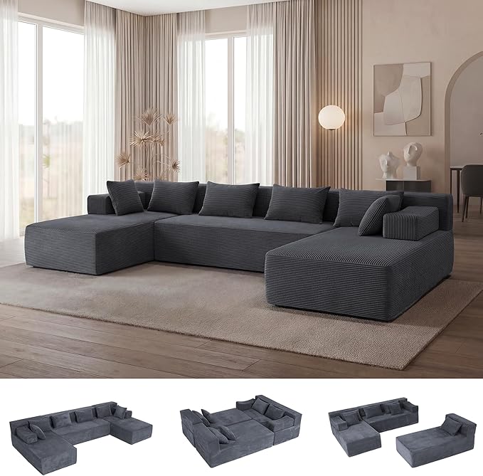 MONVANE 141'' Modular Sectional Sofa, PRO Version U-Shape Boneless Couch, Oversized Deep Seating Cloud Couch, No Assembly, High-Resilience Foam, Soft Corduroy Fabric, for Living Room Apartments Grey | High-Resilience Foam