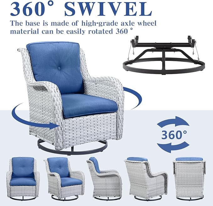 Belord 5 Piece Outdoor Patio Furniture Set - Patio Wicker Furniture Conversation Set, Outdoor Swivel Rocker Chairs with Loveseat Sofa and 2 Ottomans for Small Space, Blue Cushion