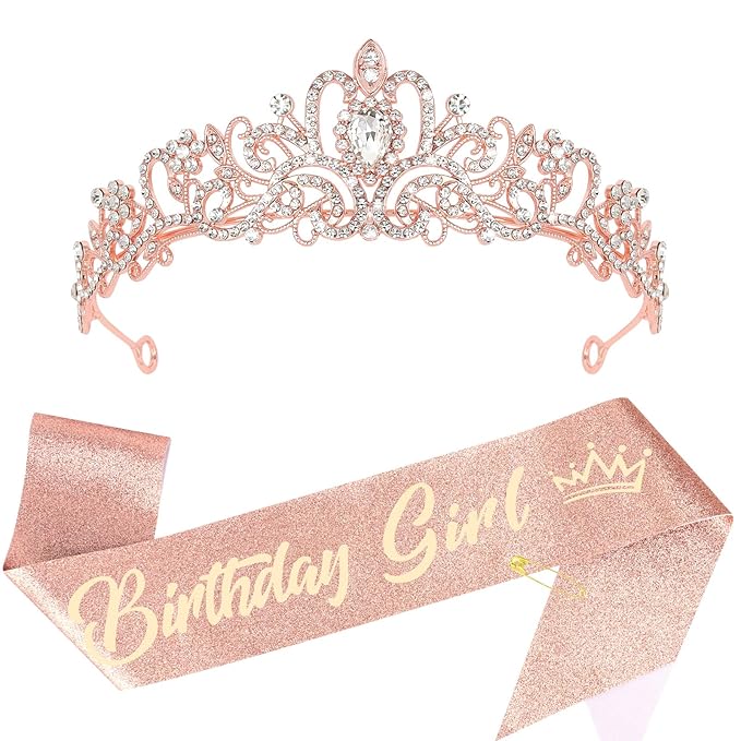 CIEHER Birthday Girl Crown and Sash - Rose Gold Tiara Birthday Decorations for Women and Girls