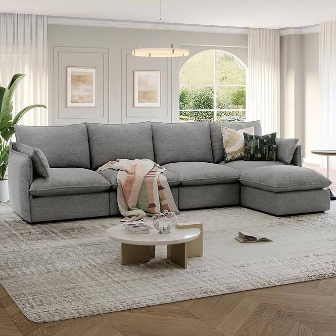 Lopzeho 124" Cloud Modular Sectional Sofa, Waterproof Down Filled Sectional Couch, High Backrest L Shaped 4 Seater Couch with Ottoman, Modern Modular Sofas with Removable Cover, Dark Gray