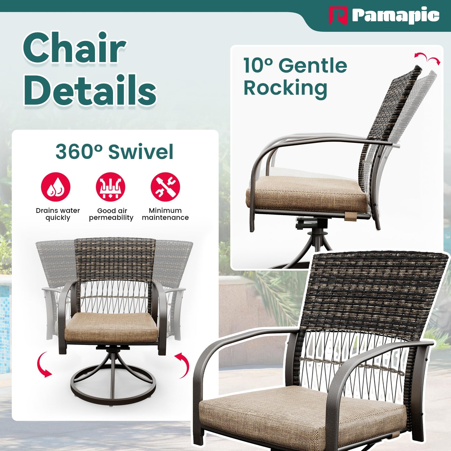 Pamapic 5 Piece Outdoor Furniture Set, Rattan Outdoor Patio Furniture Set for Deck Backyard with Iron Slats Outdoor Dining Table, 4 Swivel Outdoor Dining Chairs and Removable Cushions (Beige)