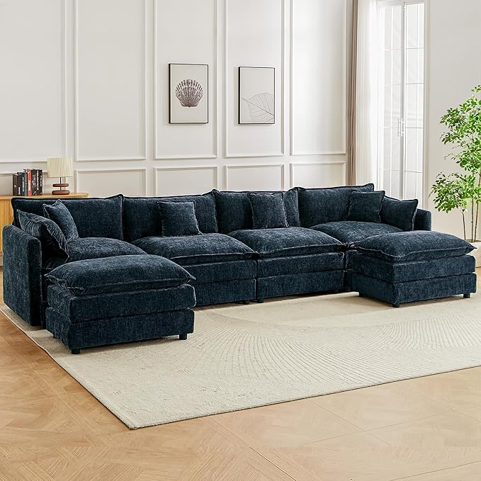 saows Modular Sectional Sofa, 147.2 Inch U Shaped Couch Set with Armrests, 4-Seater Comfy Cloud Couches with Movable Ottoman for Living Room Apartment, Blue