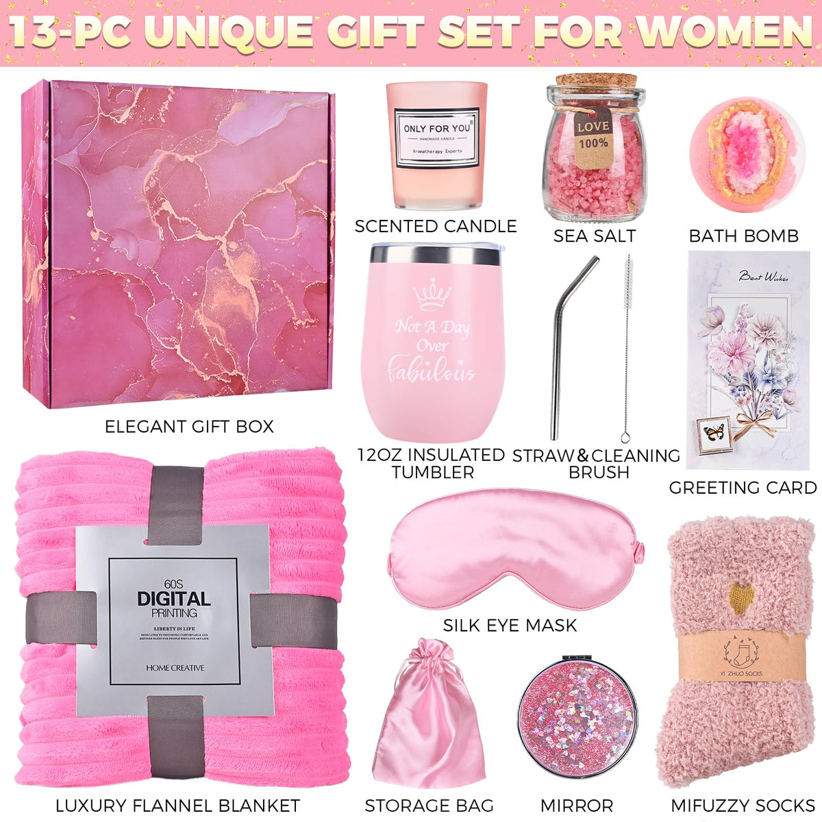 Self Care Gift Baskets for Women: Get Well Soon Care Packages with Blanket and Tumbler, Pink Gift Boxes Set for Girls, Mother, Sisters, Friends, and Cousins