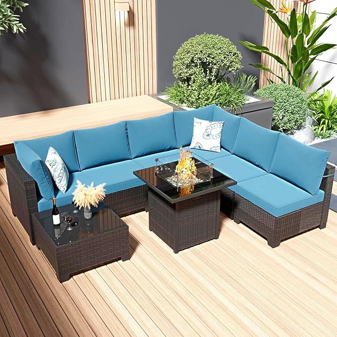 Ophelian 8 Piece Patio Furniture Set with Fire Pit Table, Wicker Outdoor Sectional Sofa Set with Thick Anti-Slip Chusions, Patio Conversation Sets for Backyard, Garden, Deck (Brown/Peacock Blue)