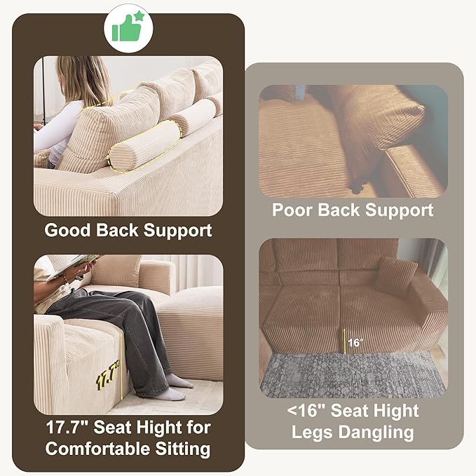 108" Modular Sectional Sofa, Compression Sofa with Deep Seat, Modular L-Shape Couch with Chaise, Upholstered Couches for Living Room Bedroom, No Assembly Required (Oat Corduroy, 108" L Shape)