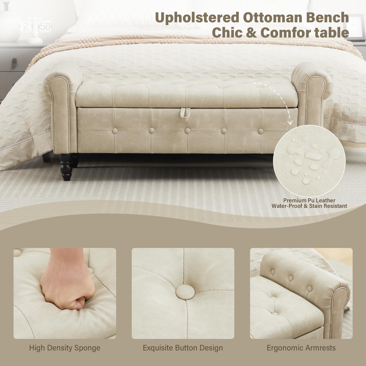 Hicosit 51-Inch Storage Bench with Armrests, End of Bed Ottoman with Storage for Living Room, Bedroom, Faux Leater Off-White