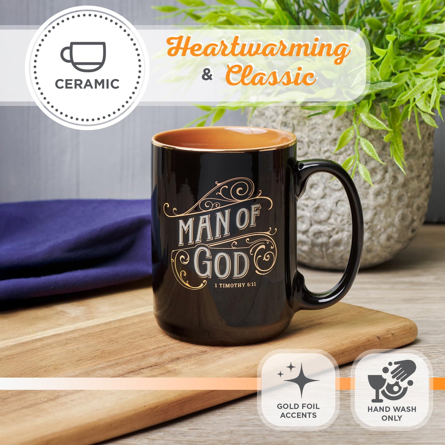 Christian Art Gifts Large Ceramic Inspirational Scripture Coffee & Tea Mug for Men: Man of God Encouraging Bible Verse, Sturdy Golden, Non-toxic Novelty Hot/Cold Beverage Cup, Black & Brown, 14 oz.