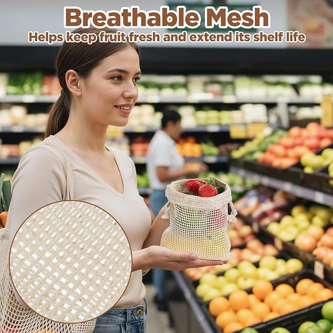 9 PCS Reusable Mesh Produce Bags Cotton Mesh Vegetable Bags for Refrigerator Potato Storage Bag Reusable Double Stitched with Drawstring Produce Bag for Vegetables Fruit Grocery Shopping(3 S/M/L)