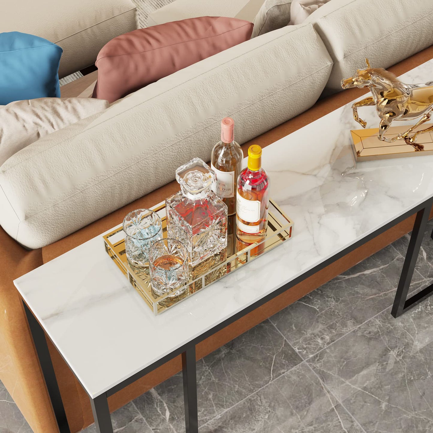 Wisfor Sintered Stone Entryway Table: White Console Table with Black Frame for Hallway - Long Narrow Table Behind Sofa, 39.4x11.8x30.9 inch