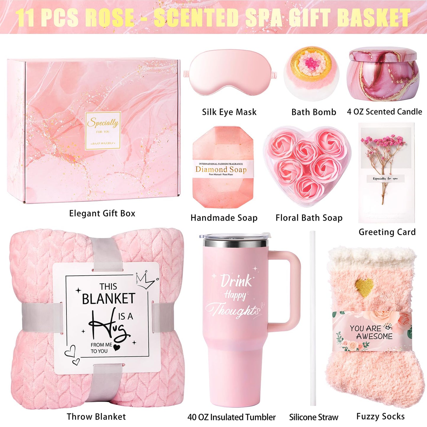 Aeenr Birthday Gifts for Women - Relaxing Spa Gift Set -Self Care Get Well Soon Gift Baskets - Happy Birthday Gift Set W/Flannel Blanket & 40 OZ Tumbler for Mom Wife Her Best Friend Sister Girlfriend