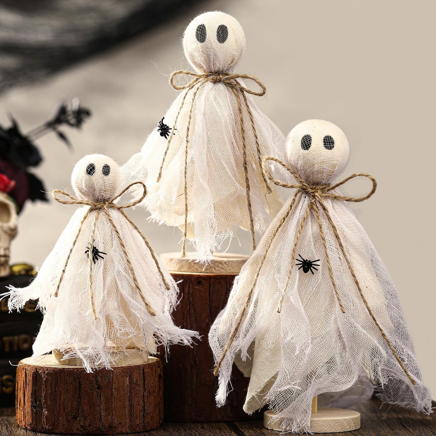 Redbaker 3 Pcs Halloween Decorations Indoor Primitive Halloween Ghost on Wooden Stand Spooky Ghost Tiered Tray Decor Rustic Table Centerpiece for Home Office Mantel Shelf Party Supplies(Beige)