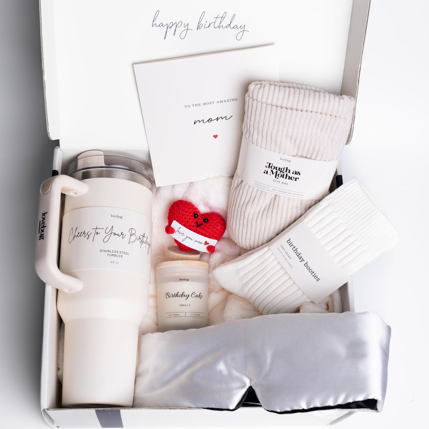 lovebug Mom Birthday Gifts - Thoughtful Gift Box for Mom with Blanket, Candle, Tumbler, Socks, Self Care Items - Get Well Soon Care Package Set - Birthday Gift Basket for Women