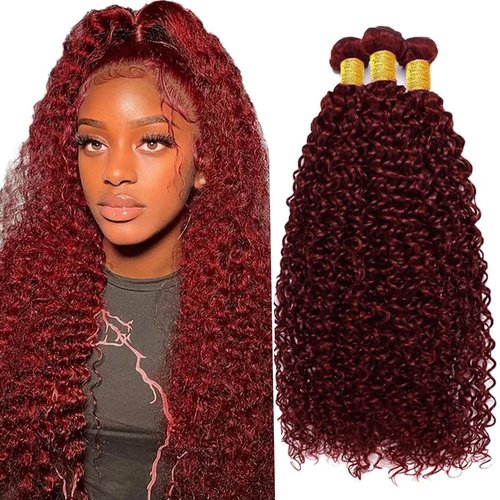Fabimiya Human Hair Bundles Burgundy 99J Jerry Curly 16 18 20 Inch Bundles Human Hair 100% Unprocessed Burgundy Soft Sewn In Hair with Double Weft for Black Women