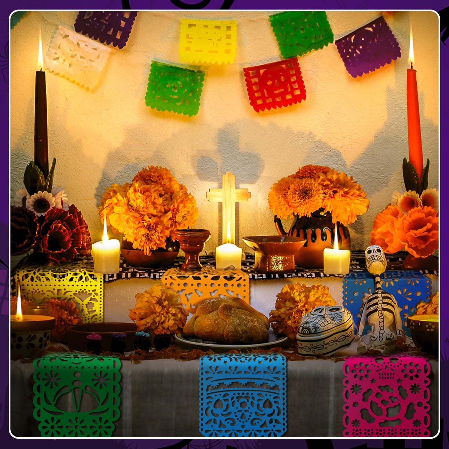 Motiskyy 6 Pack Day of The Dead Altar Decor Papel Picado Table Runners 29 x 10 Inch Dia De Muertos Decorations Sugar Skull Mexican Table Runner Mexican Party Fiesta Carnival Cinco De Mayo Mantel Decor