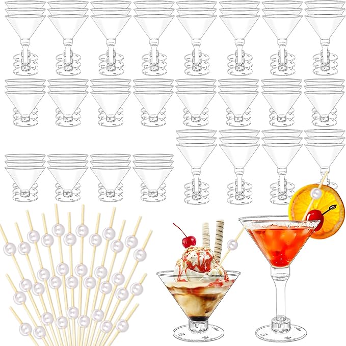 JarThenaAMCS 80 Pack 5Oz Plastic Martini Glasses With Pearl Cocktail Pick Disposable Mini Goblet Clear Cocktail Wine Glass...