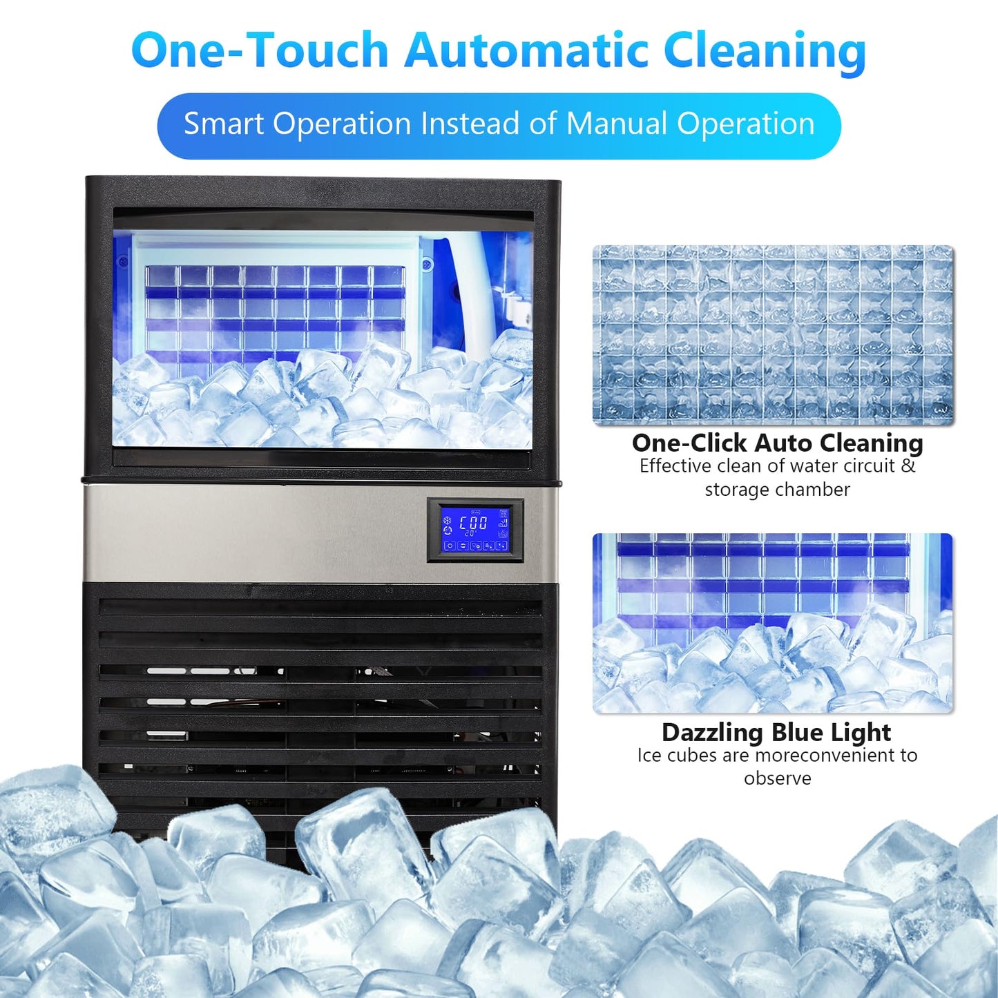Commercial Ice Maker Machine 110lbs/24h with 27lbs Storage Bin, Stainless Steel Ice Machine with Ice Scoop, Electric Water Drain Pump & Water Filter, Freestanding Ice Machine for Home/Restaurants/Bars