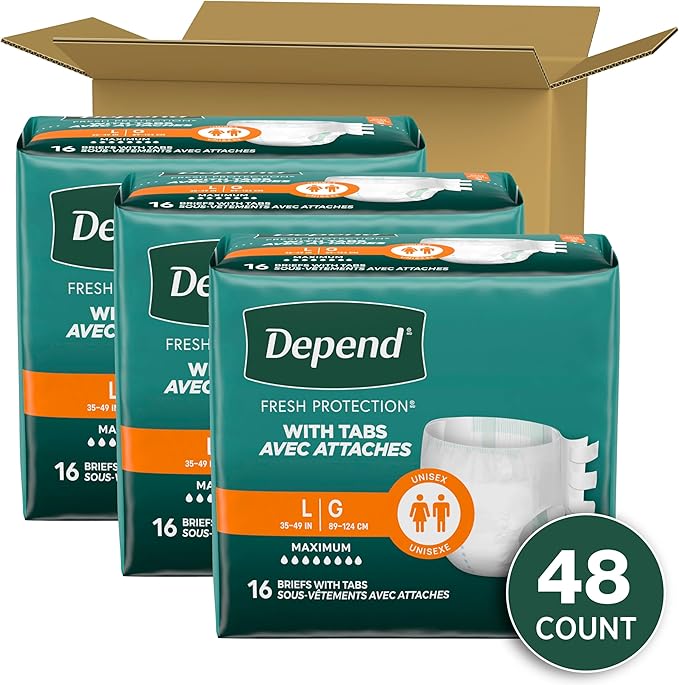 Depend Adult Diapers with Tabs, Incontinence Protection with Tabs, Unisex, Large (35–49" Waist, over 170 lbs), Maximum Absorbency, 48 Count (3 Packs of 16)
