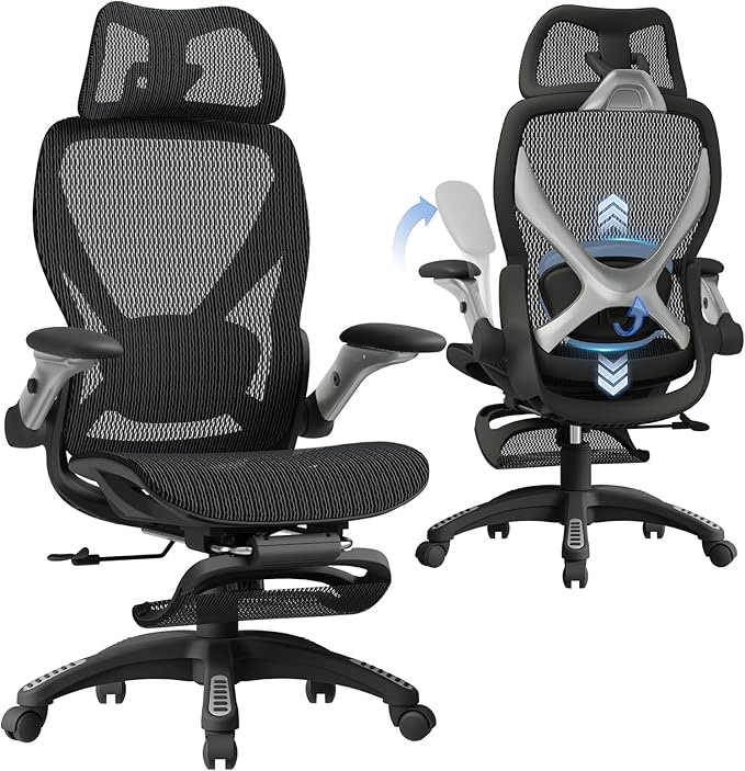 ELABEST X100 Ergonomic Mesh Office Chair with Footrest, Big and Tall Hone Desk Chair with 5D Flip-Up Arms, Adjustable 3D L...
