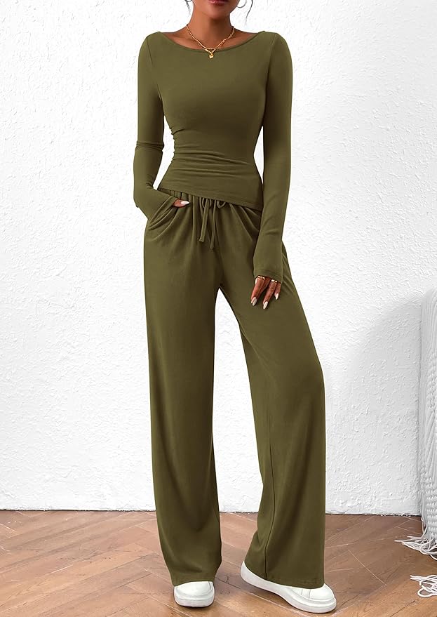 PRETTYGARDEN Women's 2 Piece Lounge Sets Asymmetrical Long Sleeve T Shirt Wide Leg Pants Casual Outfits Tracksuit