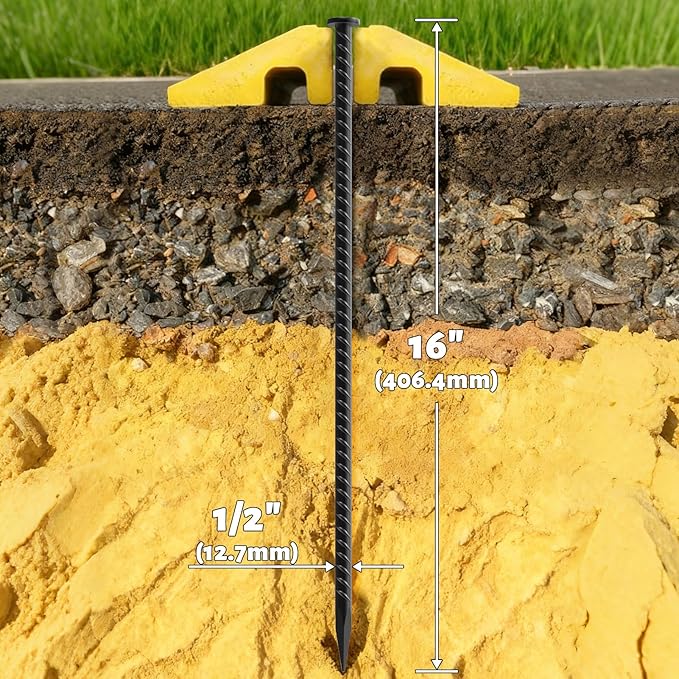 16 Inch Rebar Stakes Metal Asphalt Anchoring Spikes (16 Pack) Heavy Duty 1/2 Inch Diameter Galvanized Steel Ground Anchors for Speed Bump, Parking Curb and Tent