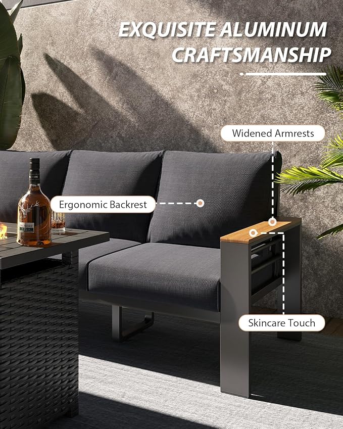 Aoxun Aluminum Outdoor Patio Furniture Set, 6-Piece Outdoor Sectional with 44'' Propane Gas Firepit Table, Patio Conversation Sets with Upgraded Armrests and Cushions for Backyard (Dark Grey,5 Seats)